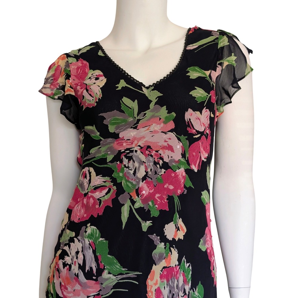 Y2K Beaded Dress XS Asymmetric Whimsigoth Fairy Grunge Dark Floral Romantic Silk - Picture 3 of 5
